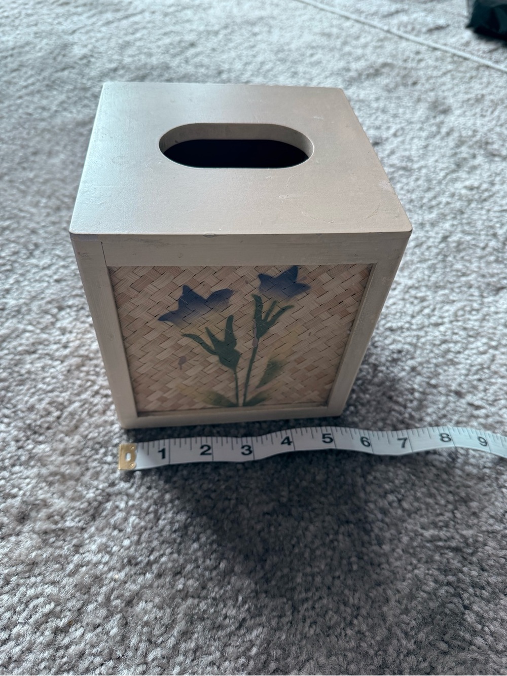 Cream Floral Square Tissue Box Cover with Blue Flower Accent